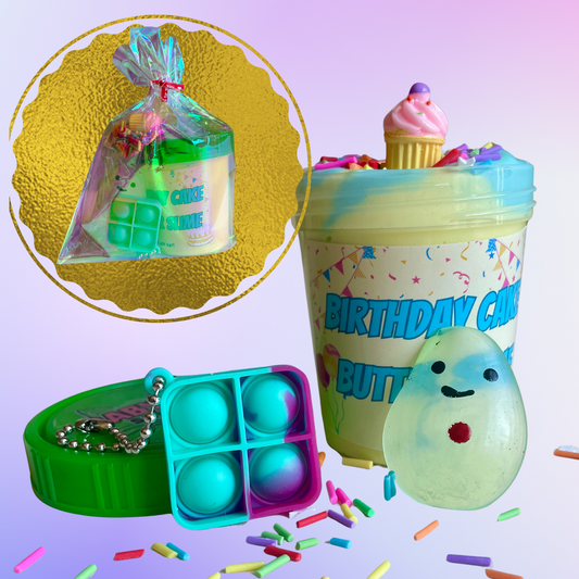 A cute rainbow kid's party favour gift bag filled with slime and fidgets. The slime is yellow and blue with sprinkles and a cupcake charm, and says "Birthday Cake Butter Slime" on it. Also included is an avocado squishy and a mini fidget popper keychain.