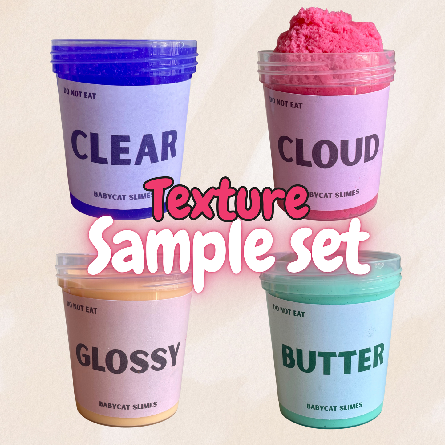 Four containers filled with different colors and textures of slime, overlayed with the words "Texture Sample Set".