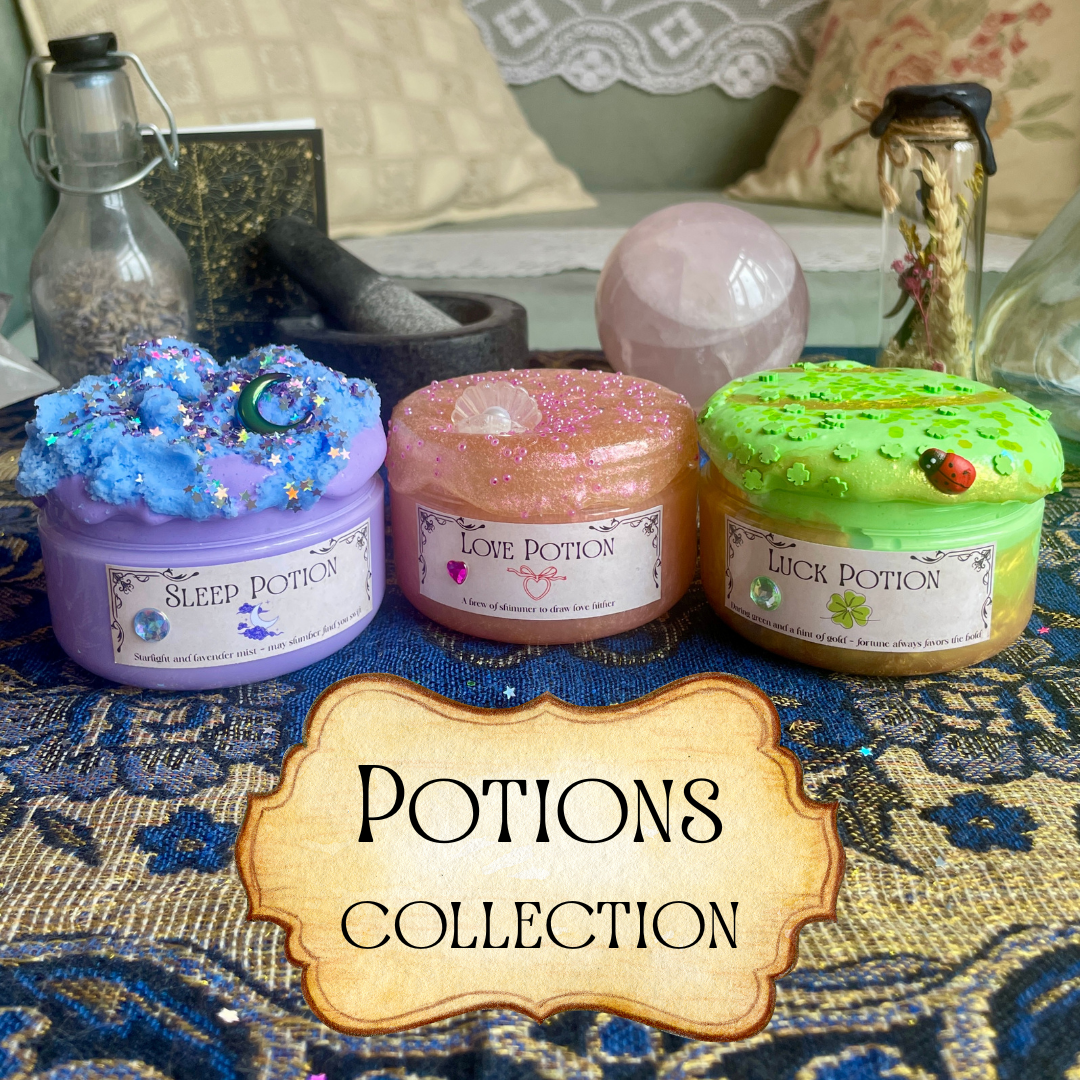 Three colorful Potion-themed slimes with witchy vibes and decorative elements